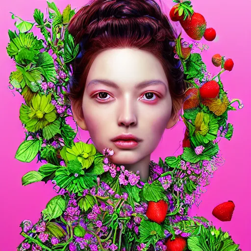 Image similar to the portrait of an absurdly beautiful, graceful, elegant, sophisticated woman made of strawberries and green petals, an ultrafine hyperdetailed illustration by kim jung gi, irakli nadar, fitness model, intricate linework, bright colors, octopath traveler, final fantasy, unreal engine 5 highly rendered, global illumination, radiant light, detailed and intricate environment