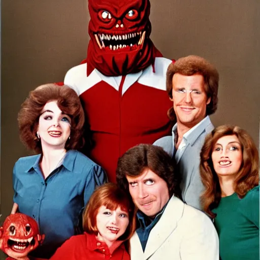 Image similar to vintage 1 9 8 0's sitcom publicity photo, a happy photogenic family and a large giant evil demonic horrifying angry detailed monstrous demon creature inside a 1 9 8 0's sitcom living room