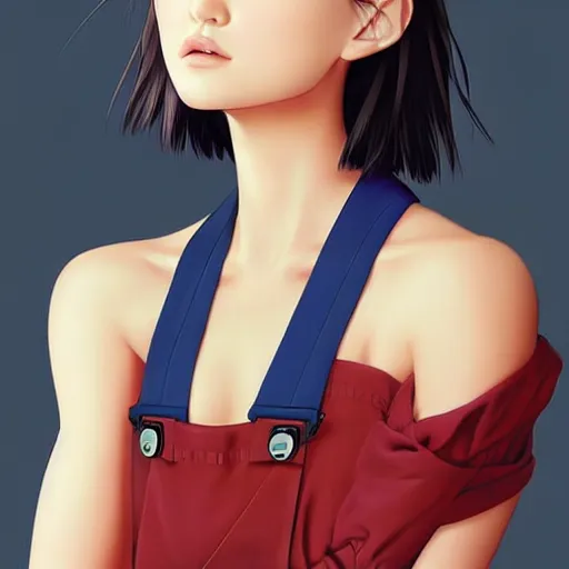 Image similar to a beautiful young japanese natalie portman alluring gravure model, wearing elegant designer overalls, elegant overalls with mesoamerican patterns, by akira toriyama and wlop and ilya kuvshinov and artgerm and, aesthetic, gorgeous, stunning, alluring, attractive, artstation, deviantart, pinterest, digital art