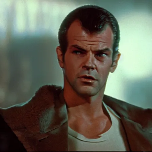 Image similar to young Jack Nicholson as Rick Deckard on blade runner 1982, slightly smiling, wide angle lens, movie still, in color, movie frame, detailed face, symmetrical face, 4k