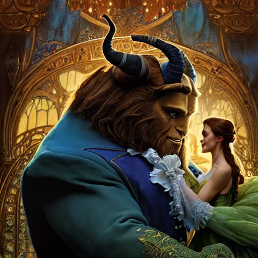 Image similar to portrait of the beast from beauty and the beast. fantasy painting by gaston bussiere craig mullins jc leyendecker gustav klimt artgerm greg rutkowski john berkey, bergey, craig mullins, ruan jia, raymond swanland, tom lovell