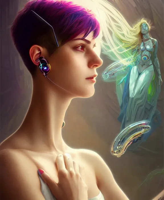 Image similar to a whirlwind of souls rushing inside the metaverse, half body, jewelry, fashionable short haircut, headset, android, cyborg, cyberpunk face, by loish, d & d, fantasy, intricate, elegant, highly detailed, colorful, vivid color, digital painting, artstation, concept art, art by artgerm and greg rutkowski and alphonse mucha