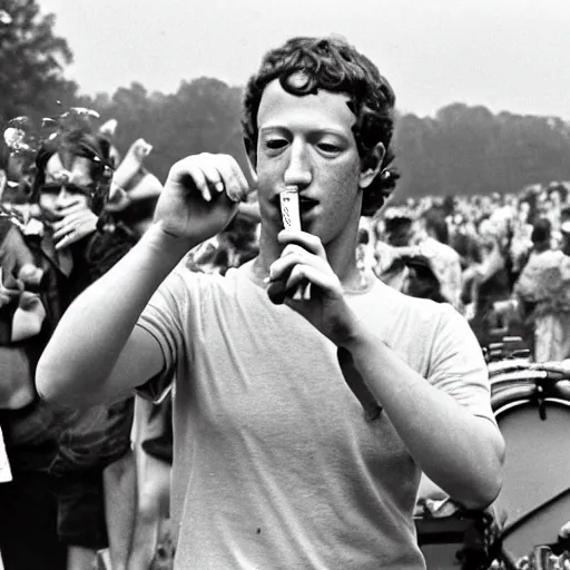 Image similar to photograph of mark zuckerberg smoking a bong at woodstock, hazy, bloodshot eyes, laughing, circa 1 9 6 9