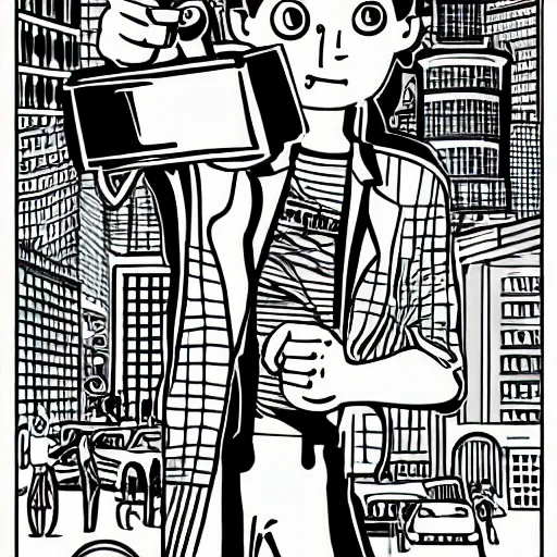 Image similar to a man holding bolt cutters. childrens coloring book, chris ware, nick drnaso, stylised graphic novel, black and white, coloring pages