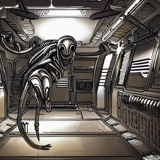 Image similar to a xenomorph crawling in a spaceship corridor, dark light, highly detailed digital art