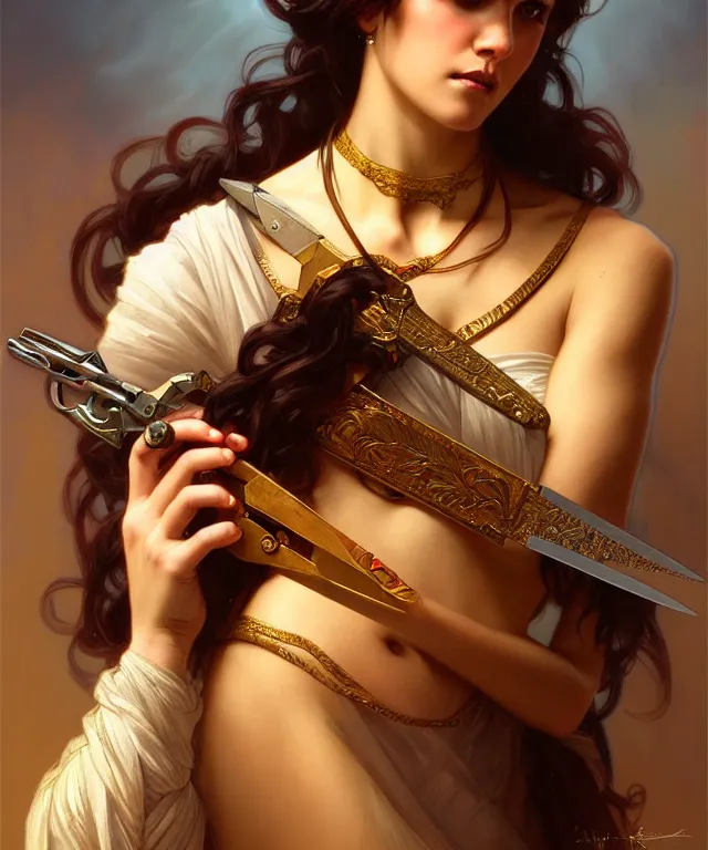 Prompt: portrait of biblical delilah holding small shears, intricate, headshot, highly detailed, digital painting, artstation, concept art, sharp focus, cinematic lighting, illustration, art by artgerm and greg rutkowski, alphonse mucha, cgsociety