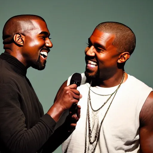 Image similar to Kanye East telling Kanye West jokes, both laughing and having a good time