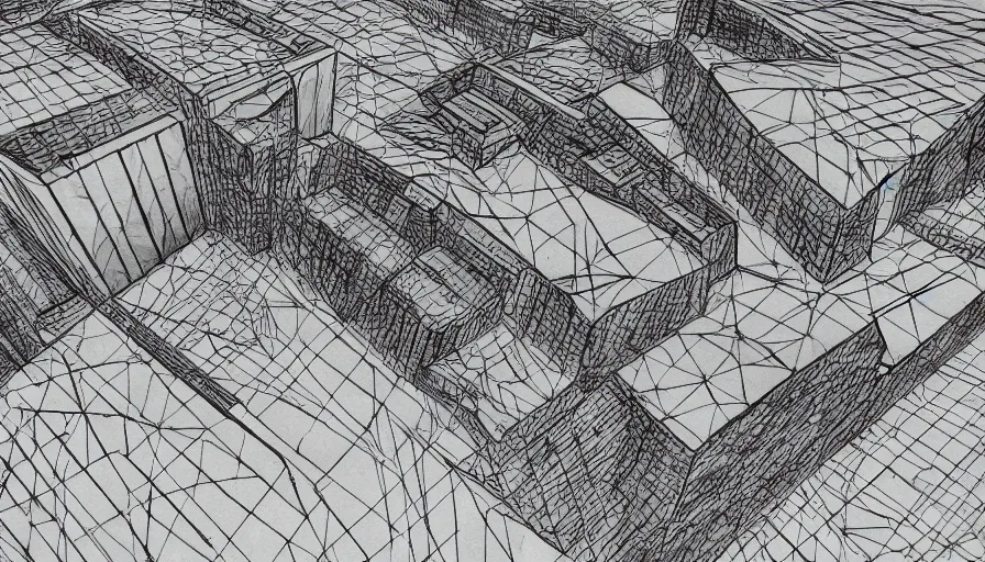 Image similar to big brutalist villain base, drawing architecture, very long shot, top angle