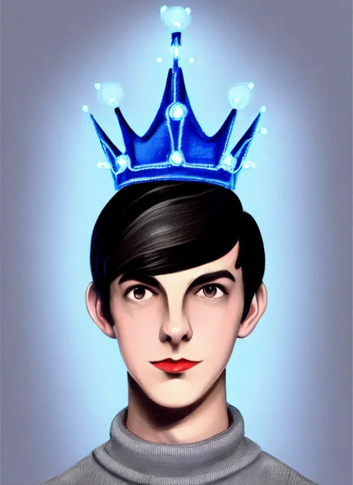 Image similar to portrait of teenage jughead jones wearing a light grey crown, crown, blue turtleneck, 1 9 5 0 s, closed eyes, photorealistic, black hair, glowing lighting, intricate, elegant, glowing lights, highly detailed, digital painting, artstation, concept art, smooth, sharp focus, illustration, art by wlop, mars ravelo and greg rutkowski