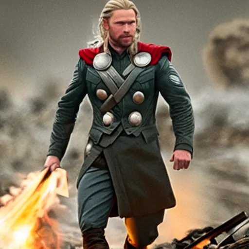 Prompt: Thor behind enemy lines in World War 1, MCU photograph