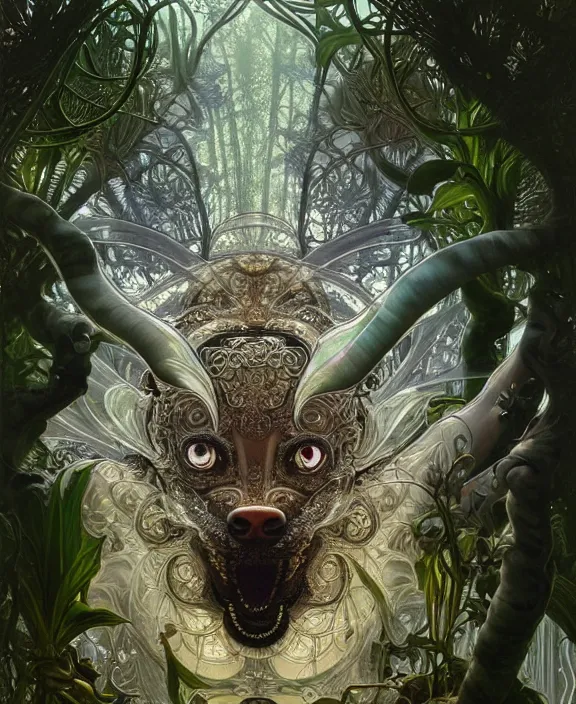 Image similar to exquisite, intricate ornate opulent transparent clear see - through portrait of a terrifying beautiful male alien wolf, mottled coloring, adorable, childlike, overgrown jungle environment, ultra realistic, concept art, art nouveau, photorealistic, octane render, 8 k, unreal engine. art by christopher marley and artgerm and greg rutkowski and alphonse mucha