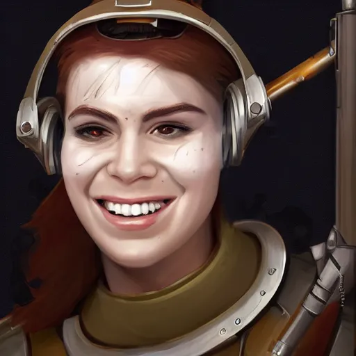 Image similar to female artificer with futuristic rifle, tubes connecting mediaeval half plate armor to rifle, brown hair, smiling, portrait, goggles over forehead, trending on artstation, digital art