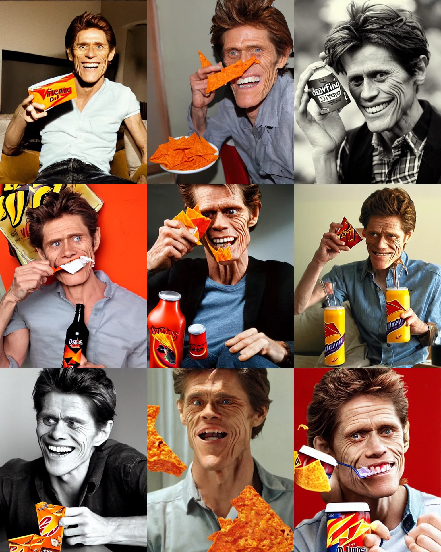 Prompt: young willem dafoe happily drinking doritos juice, 2 0 1 2 viral product advertisement