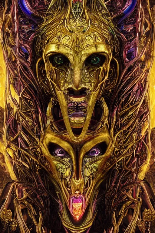 Image similar to Elden Ring and psychedelic themed painting of majestic chromatic biomechanical anatomical human demon Anubis pharaoh ceremonial bloodstained mask closeup face, golden ratio concept, Neo-Gothic concept, infinity hieroglyph waves, intricate artwork masterpiece, very coherent artwork, cinematic, full frontal facial features by Artgerm, art by H.R. Giger, Joseph Michael Linsner, Alex Grey, Johnatan Wayshak, Moebius, Ayami Kojima, very anatomically coherent artwork, trending on cgsociety, ultra high quality model, production quality cinema model, high detail chromatic ink outline, octane render, unreal engine 8k, hyper realism, high detail, octane render, unreal engine, 8k, High contrast