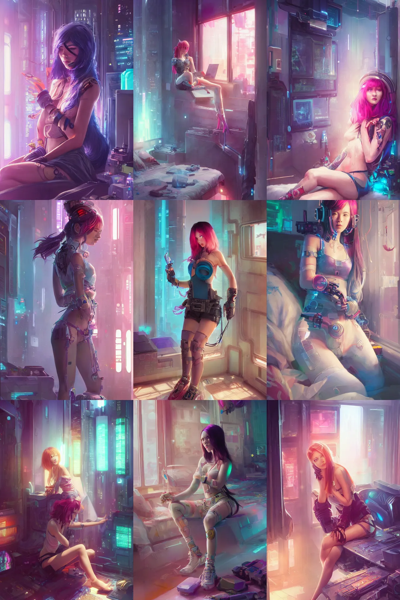 Prompt: a beautiful cyberpunk girl sitting in her bedroom | | cute - fine - subtle smile, colorful hair, face, pretty face, fine details by stanley artgerm lau, wlop, rossdraws, james jean, andrei riabovitchev, marc simonetti, and sakimichan, trending on artstation