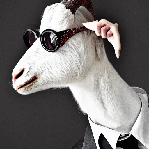 Prompt: front portrait of a goat photographer in a suit wearing glasses punk hair hd, high resolution, annie leibovitz