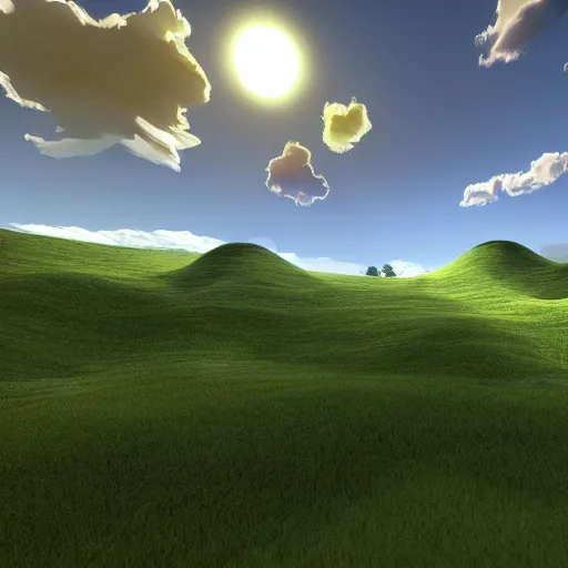 Image similar to green hill with fake clouds and fake sun, cloned houses, day, 8k, realistic, high details, volumetric light