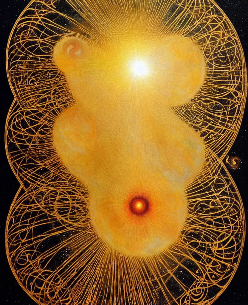 Image similar to a golden child radiates a unique canto'as above so below'while being ignited by the spirit of haeckel and robert fludd, breakthrough is iminent, glory be to the magic within, in honor of jupiter's day, painted by ronny khalil