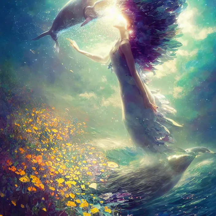 Image similar to glimmering whale, flowing dress, flowers, cosmos, milky way galaxy, golden hour, god rays, coral reef, dreamscape by artgerm and ruan jia and ismail inceoglu and greg olsen, masterpiece, beautiful, intricate, elegant, highly detailed