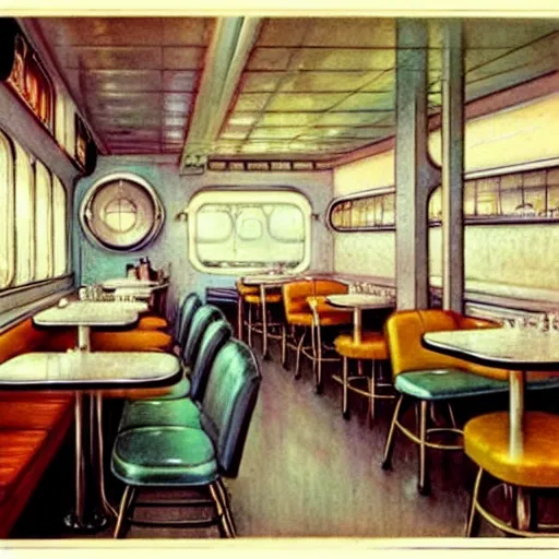 Image similar to ( ( ( ( ( 1 9 5 0 s diner interior. muted colors. ) ) ) ) ) by jean - baptiste monge!!!!!!!!!!!!!!!!!!!!!!!!!!!!!!