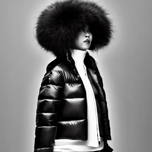 Image similar to black and white extremely beautiful photograph of a woman wearing an oversized orange puffer jacket in the style of dingyun zhang, yeezy, kanye west, balenciaga, vetements