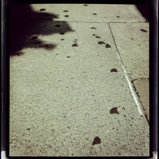 Image similar to wide-shot very low-angle eyesight first-person!! cat's paw prints on fresh cement at the street, polaroid photo, by Andy Warhol