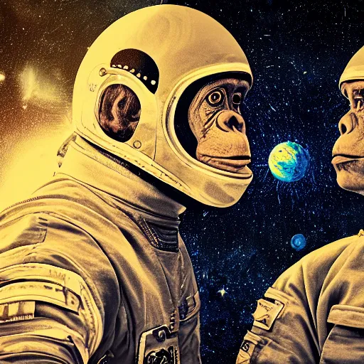 Image similar to double exposure portrait of astronaut and a chimpanzee astronaut with space and time in the the background by davinci, circles, psychedelic, pencil art, high definition, dynamic lighting stars, sharpness, golden ratio