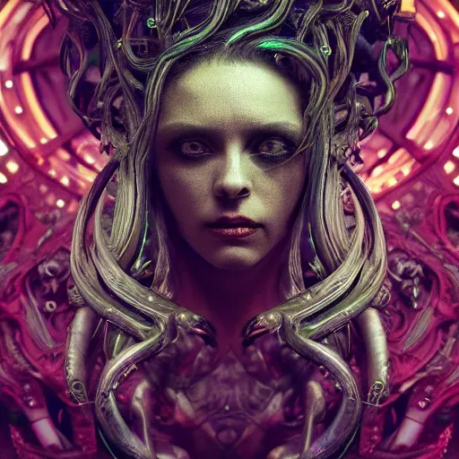 Prompt: Cyberpunk medusa, dark atmosphere, cinematic shot, intricate, ornate, photorealistic, ultra detailed, realistic, 35mm, photography, neon, octane, high definition, depth of field, bokeh, 8k, artstation, (alphonse mucha), hr giger