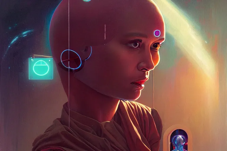 Image similar to patron saint 👩🏾 talking with machine, futuristic clothing, worm hole, neon god of city character portrait, in the style of moebius, wlop, tom bagshaw, and waterhouse, cinematic lighting, beautiful, elegant, oil painting,