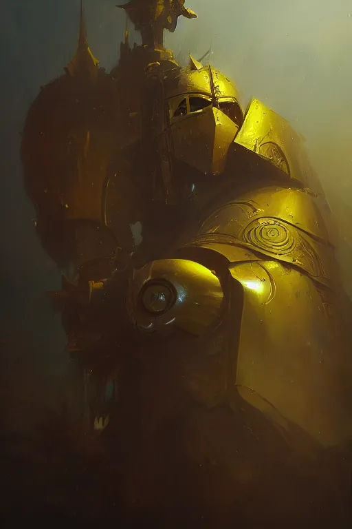 Prompt: A closeup of a yellow holy knight by Greg Rutkowski, Dan Mumford, Christophe Vacher, 4k photorealistic, volumetric lighting, HD, high details, dramatic, trending on artstation