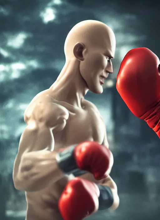 Image similar to Realistic Saitama punching Garou, hyper realism, dark atmosphere, cinematic shot, intricate, ornate, photorealistic, ultra detailed, realistic, 100mm, photography, octane, high definition, depth of field, bokeh, 8k, artstation