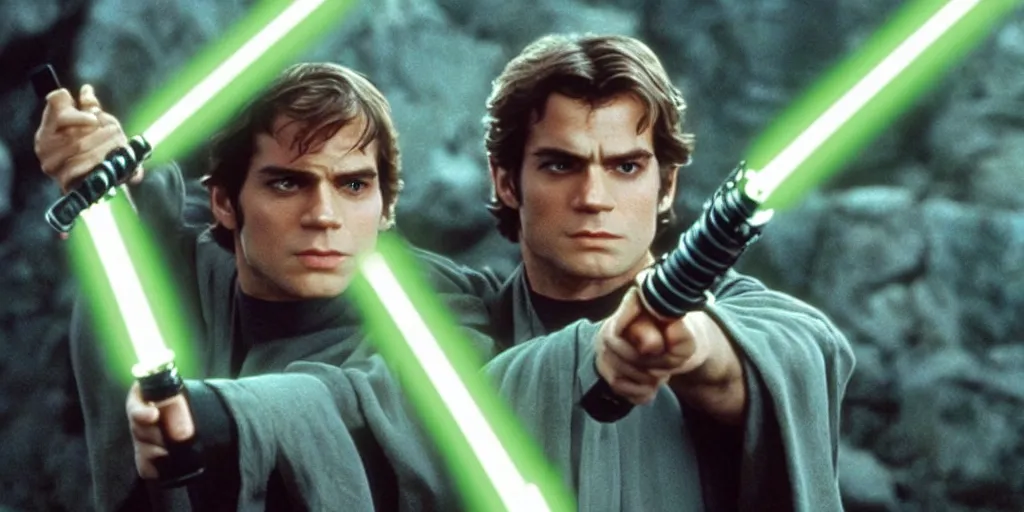 Prompt: a still from a film featuring clean shaven henry cavill as jedi master luke skywalker, holding a green lightsaber by the hilt, 3 5 mm, directed by steven spielberg, 1 9 9 4