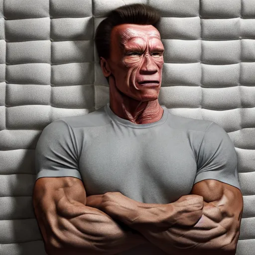 Image similar to hyperrealistic dslr film still of arnold schwarzenegger disguised as mattress, stunning 8 k octane comprehensive 3 d render, inspired by istvan sandorfi & greg rutkowski & unreal engine, perfect symmetry, dim volumetric cinematic lighting, extremely hyper - detailed, incredibly real lifelike attributes & texture, intricate, masterpiece, artstation, 8 k 8 5 mm f 1. 4