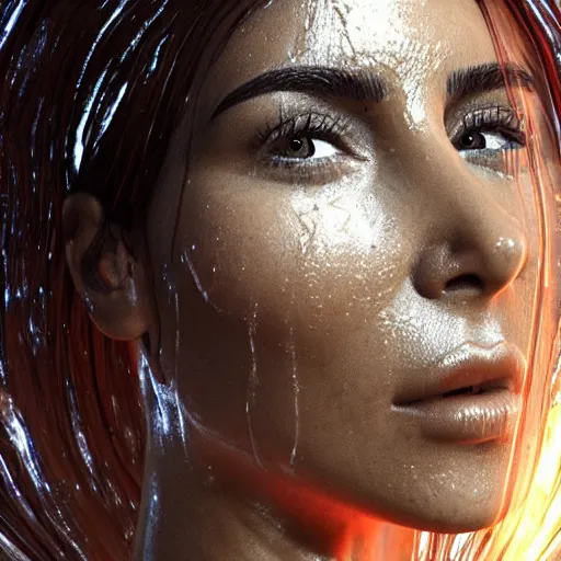 Image similar to epic still of a kim kardashian with trapped in a transparent alien liquid, wet flowing hair, gooey skin, illustration, unreal engine 5, 8 k, made by h. r. giger