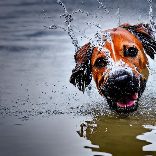 Image similar to Photorealistic photograph of a dog splashing in a puddle, photorealism, photorealistic, realism, real, highly detailed, ultra detailed, detailed, depth of field, shutter speed 1/1000, 200mm Focal Length, Canon EOS R7