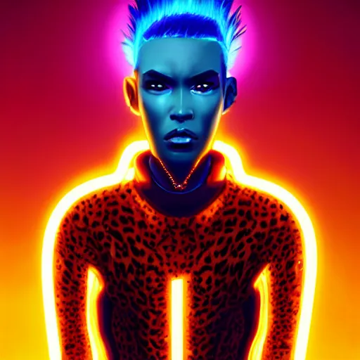 Image similar to a beautiful commission of an anthropomorphic cheetah wearing a neon jacket with mohawk hair,standing on the street,futuristic,detailed face,character design by charles bowater,mohawk,cyberpunk style,deviantart,artstation,art by greg rutkowski,ross tran,professional lighting,neon city,night,raytracing,rtx