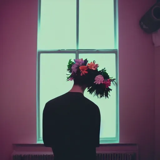 Image similar to kodak portra 4 0 0 photograph of a skinny goth guy standing in a cluttered bedroom, back view, flower crown, moody lighting, telephoto, 9 0 s vibe, blurry background, vaporwave colors, faded!,