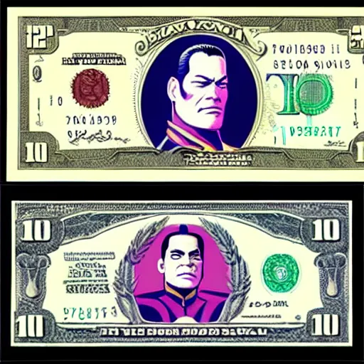 Image similar to Raul Julia's M. Bison, bison dollar notes