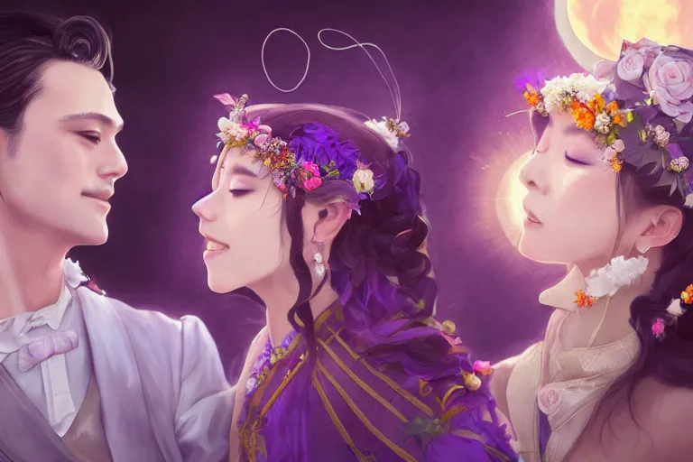 Image similar to a cinematic portrait of wedding photograph jpeg close up moment of a divine a japan sun god and moon goddess lovers magician at a wedding banquet. portraiture. digital painting. artstation. concept art. fantasy wedding photo. digital painting, 8 k realistic, hyper detailed, violet evergarden art masterpiece by art by krenz cushart