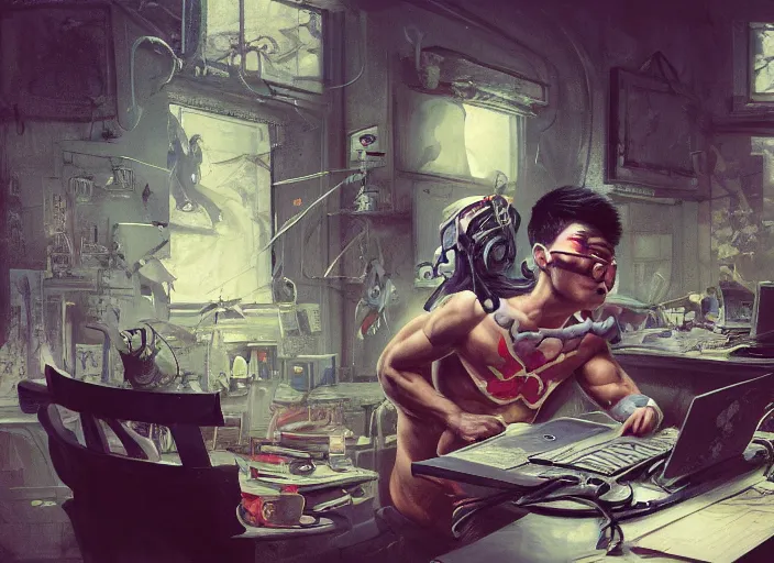 Image similar to an insanely detailed painting of an asian man wearing a homemade superhero costume, sitting at a desk, staring seriously at the computer and typing, in the style of peter mohrbacher, james jean, ruan jia, dramatic lighting and composition, surreal background, octane render, pixar, trending on artstation, concept art, comic book, view from behind, 8 k