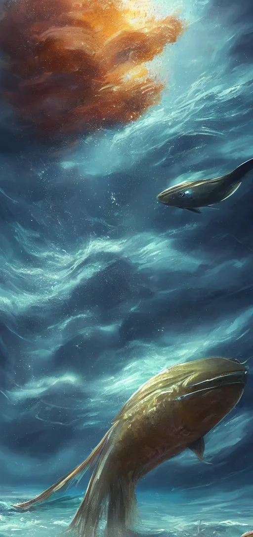 Image similar to Ocean with strange fish on planet Kepler-22-BKepler-22-B, oil Painting, ultradetailed, artstation, ultradetailed, digital Painting,