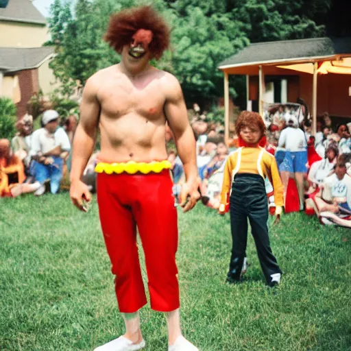Prompt: Ronald McDonald vs Kurger Bing backyard wrestling, 35mm film