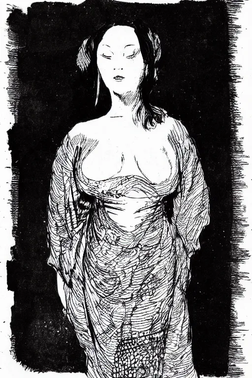 Image similar to ink lineart drawing of beautiful woman in a nightgown, white background, etchings by goya, chinese brush pen illustration, high contrast, deep black tones, contour