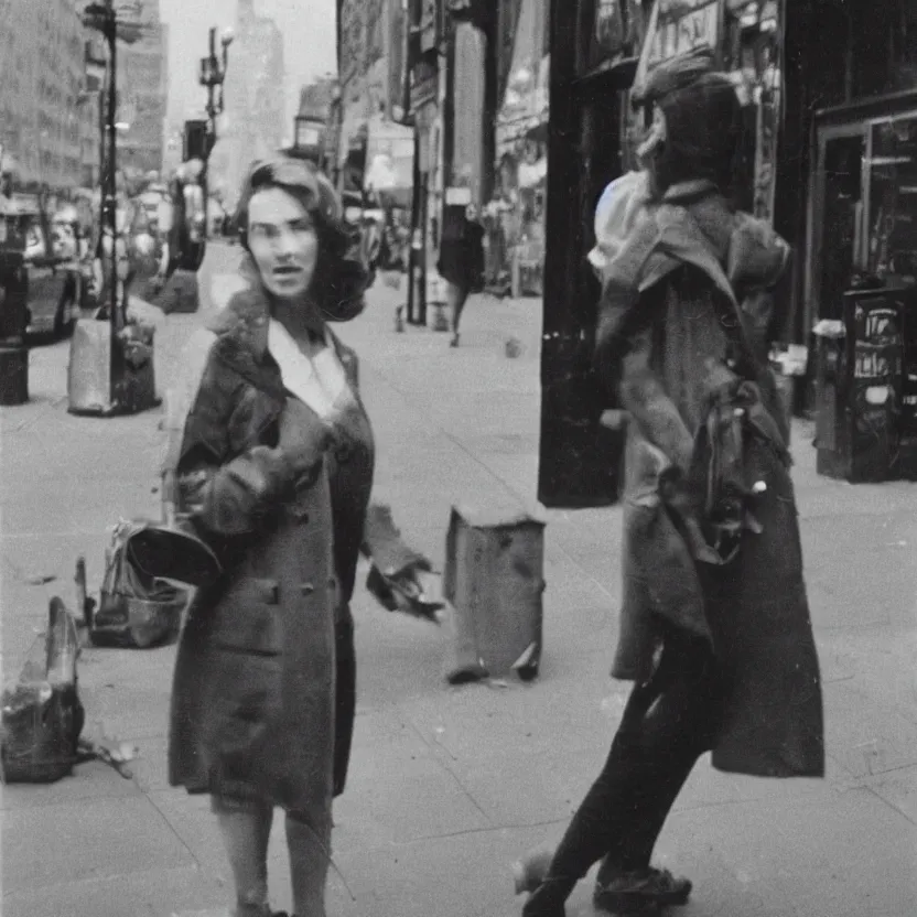 Prompt: street photography portrait of a woman in new york from the year 1 9 6 0, ultra - detailed hyper - realistic, photographed on damaged film