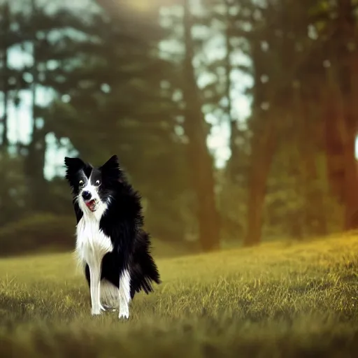 Image similar to Border Collie, splash art, movie still, cinematic lighting, dramatic, octane render, long lens, shallow depth of field, bokeh, anamorphic lens flare, 8k, hyper detailed, 35mm film grain