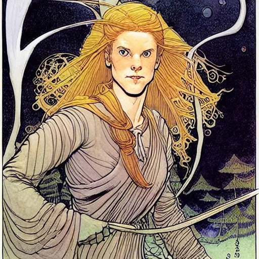 Image similar to a beautiful portrait of sanna!!!!! marin!!!!!, the young female prime minister of finland as a druidic wizard by rebecca guay, michael kaluta, charles vess and jean moebius giraud