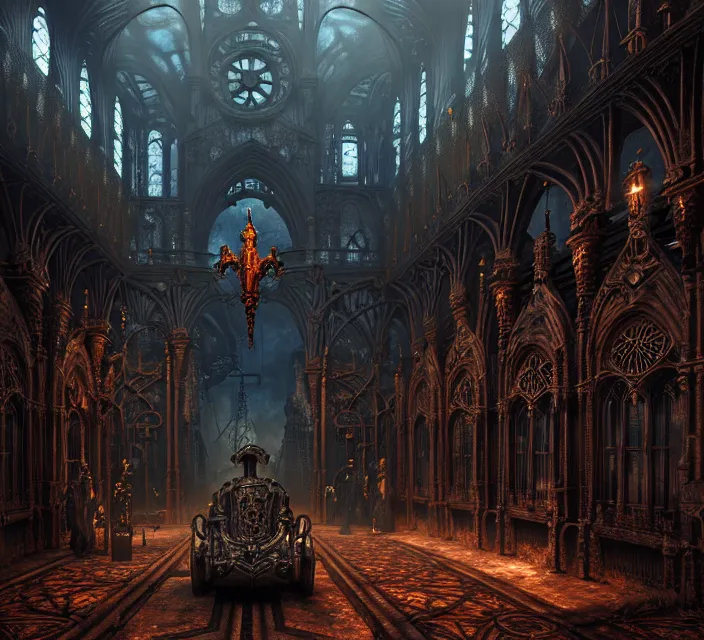 Image similar to steam necropolis, memento mori, gothic, neo - gothic, art nouveau, hyperdetailed copper patina medieval icon, stefan morrell, philippe druillet, ralph mcquarrie, concept art, steampunk, unreal engine, detailed intricate environment, octane render, moody atmospherics, volumetric lighting, ultrasharp, ominous, otherworldly