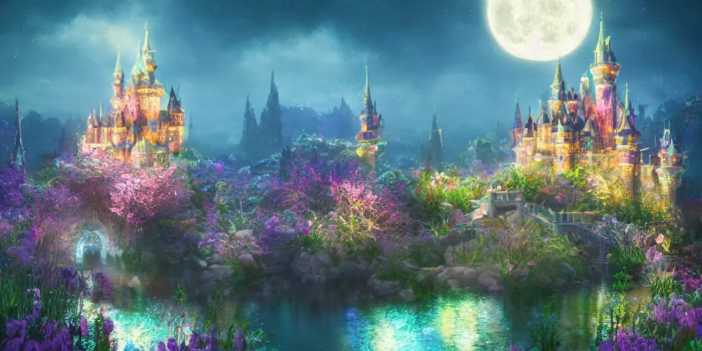 Image similar to a single glittering fairy castle at night, a full moon, water and colourful flowers, extremely detailed oil painting, unreal 5 render, fantasy digital art, octane render, beautiful composition, trending on artstation, award-winning photograph, masterpiece