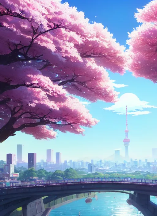 Image similar to a wholesome animation key shot, tokyo city in the background, cherry blossoms in the foreground, studio ghibli, pixar and disney animation, sharp, rendered in unreal engine 5, anime key art by greg rutkowski, bloom, dramatic lighting