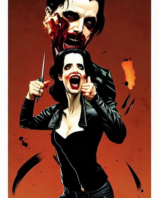 Image similar to Rafael Albuquerque comic cover art, Norman Rockwell, Joshua Middleton, pretty Eva Green vampire, sharp vampire teeth, sarcastic smile, symmetrical eyes, symmetrical face, brown leather jacket, jeans, long black hair, full body, building on fire, cool colors